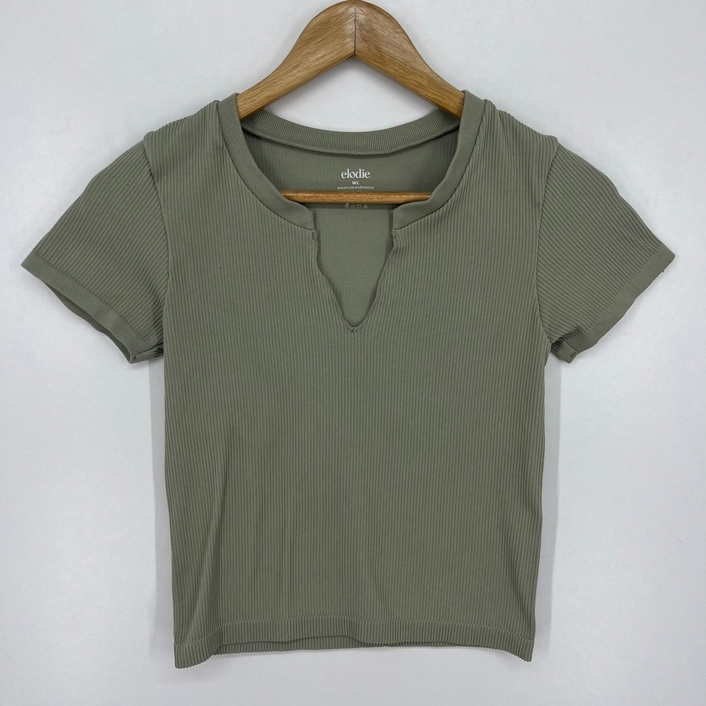 Elodie Womens Sage Green Ribbed Split Neck Short Sleeve Top Solid
